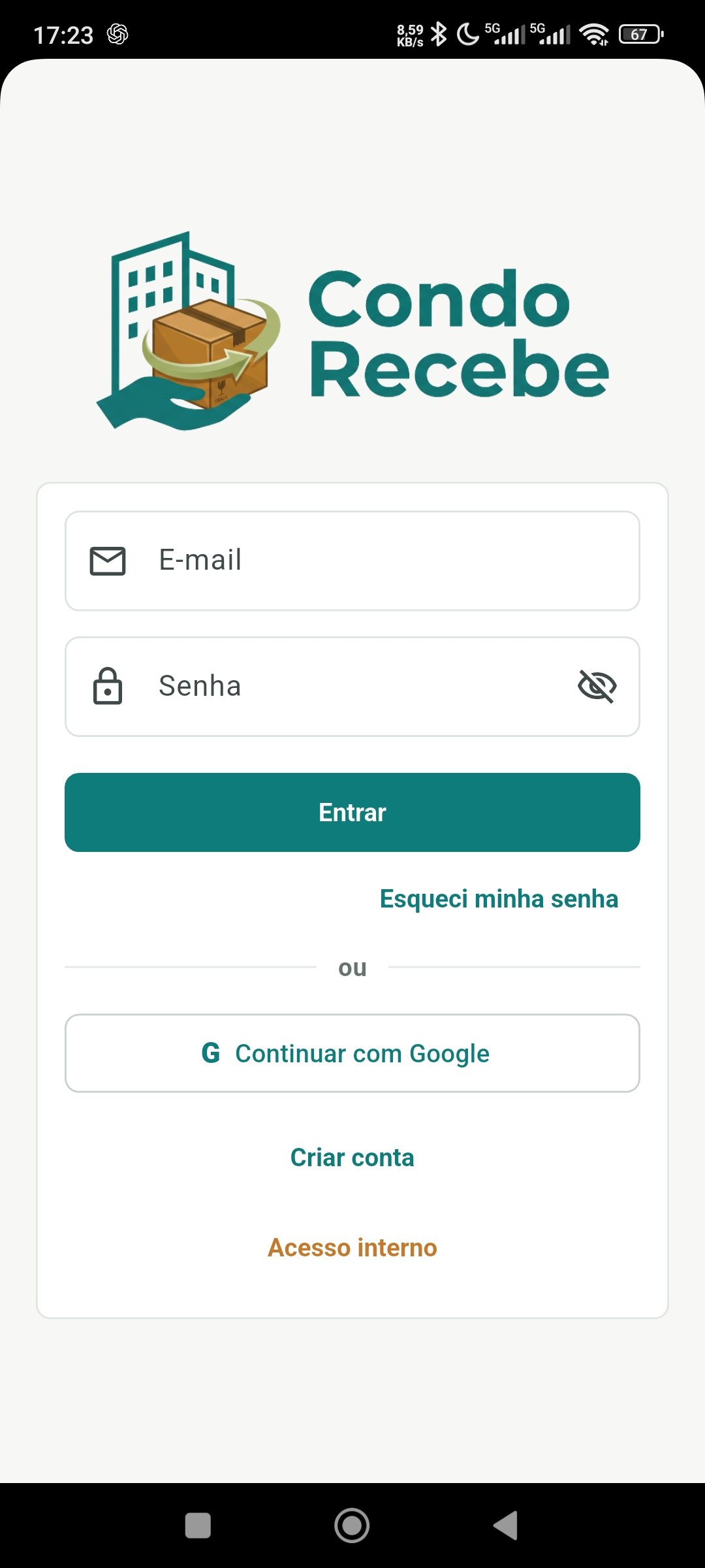Tela real de login do aplicativo Condo Recebe