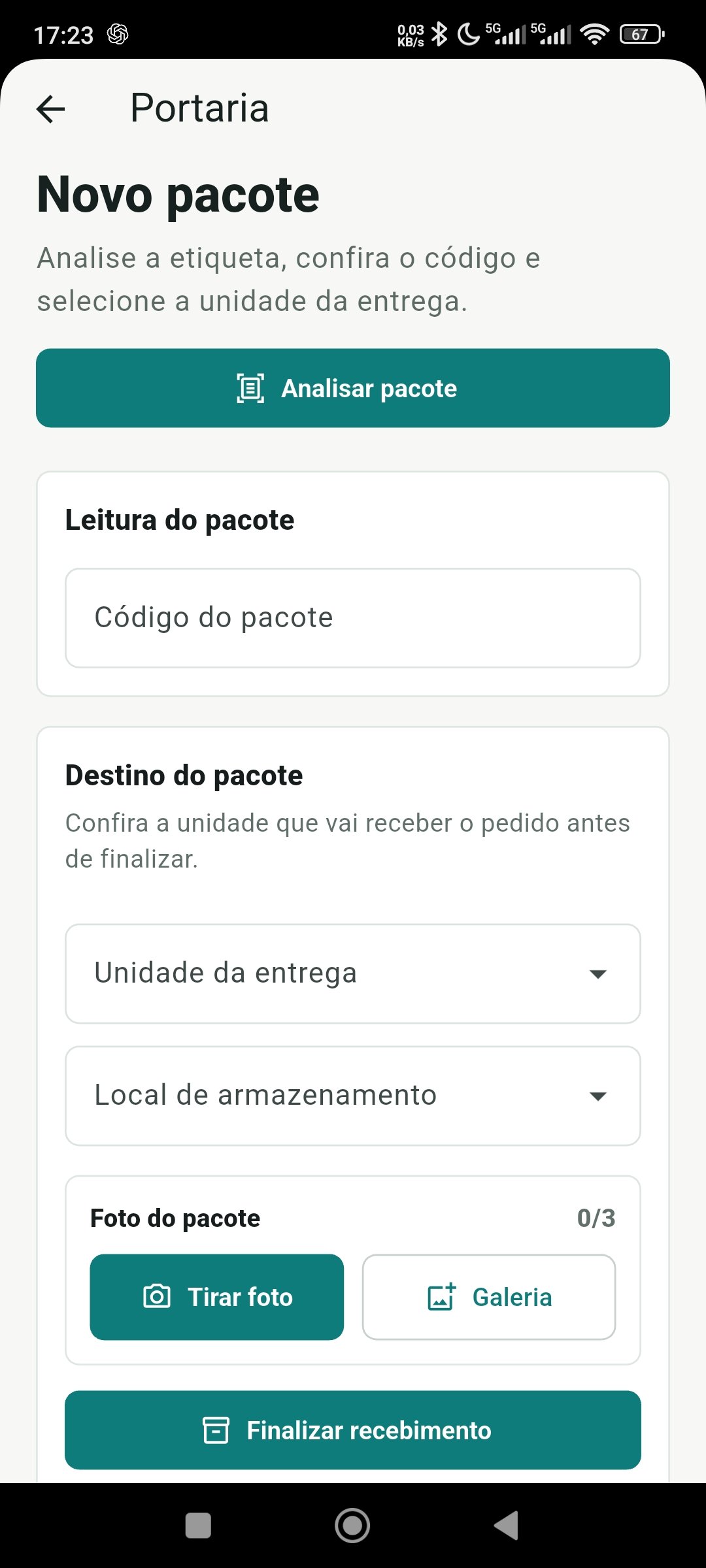 Tela real do app Condo Recebe para registrar um novo pacote na portaria